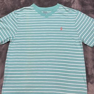 Aquamarine with coral/orange horse v neck t shirt. Polo 14-6